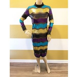 High Neck Colorful Striped Glitter Sexy Sequin Bodycon Clubwear Dress